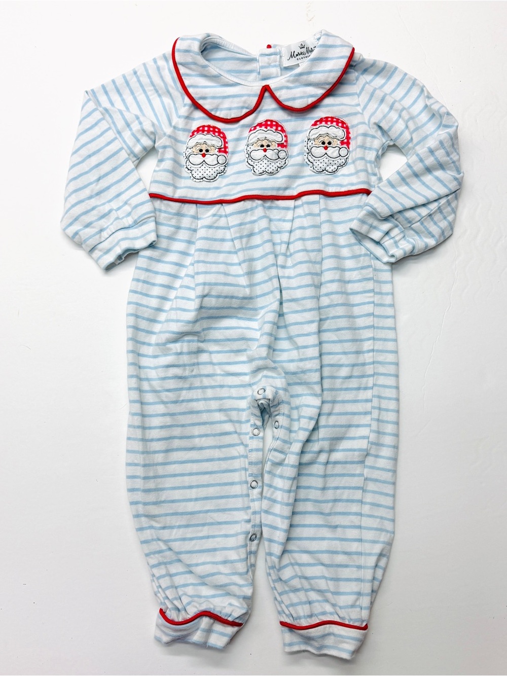 Marie Nicole Clothing Baby Blue Striped Santa Applique One-Piece Christmas